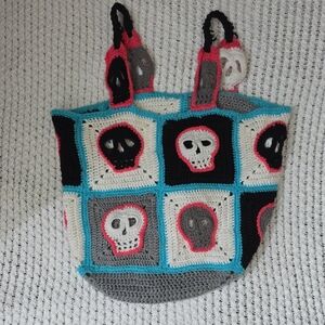 Handmade Huge Colorful Skull Crochet Tote Bag